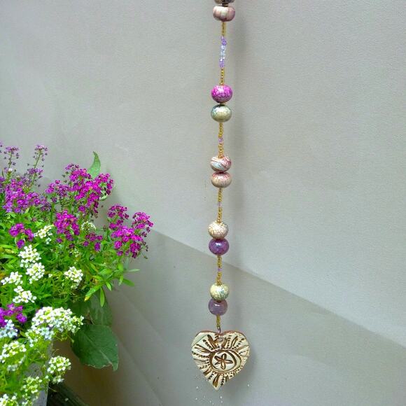 Artisan Ceramic Heart Beaded Suncatcher Life is a Journey Crackled Glass NEW - Picture 9 of 15